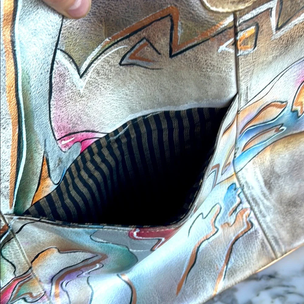 80’s RARE RETRO Leather Hand Painted Tote Shoulder Bag - Picture 16 of 17